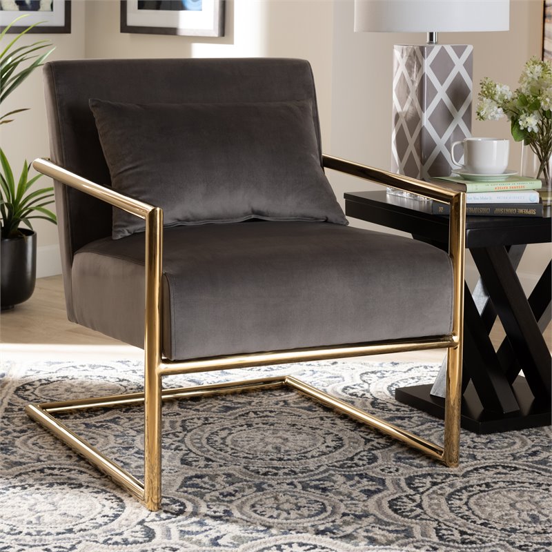 Bowery Hill Grey Velvet Upholstered Gold Metal Lounge Chair
