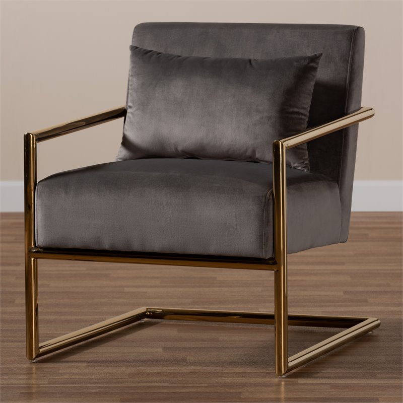 Bowery Hill Grey Velvet Upholstered Gold Metal Lounge Chair