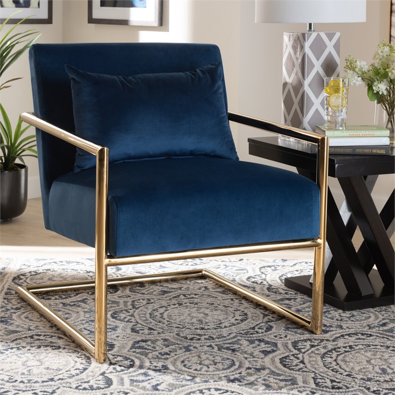 Bowery Hill Navy Blue Velvet Upholstered Metal Lounge Chair