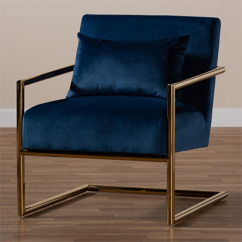 Bowery Hill Navy Blue Velvet Upholstered Metal Lounge Chair
