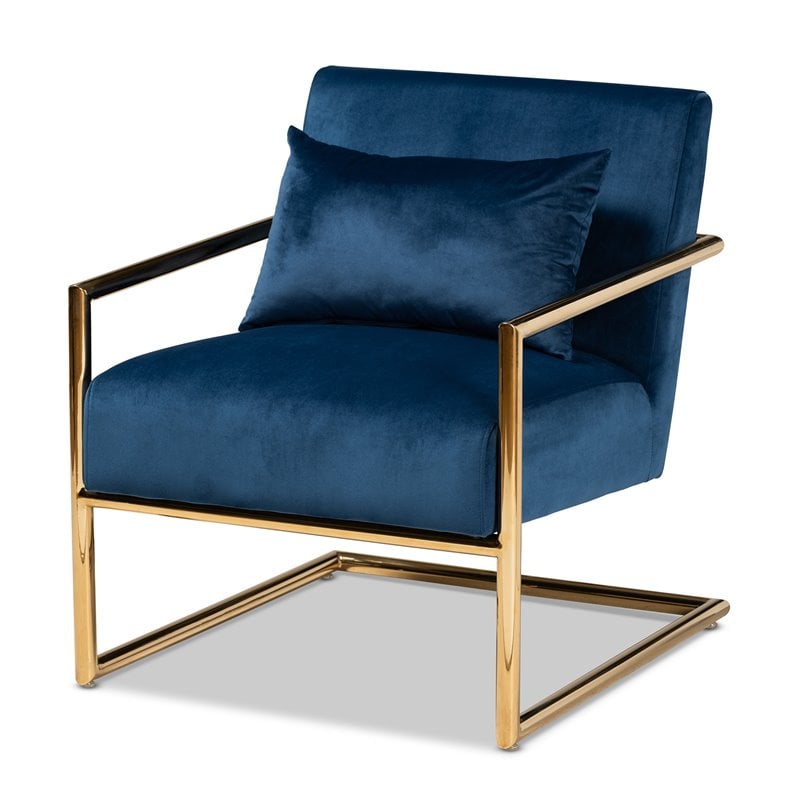Bowery Hill Navy Blue Velvet Upholstered Metal Lounge Chair