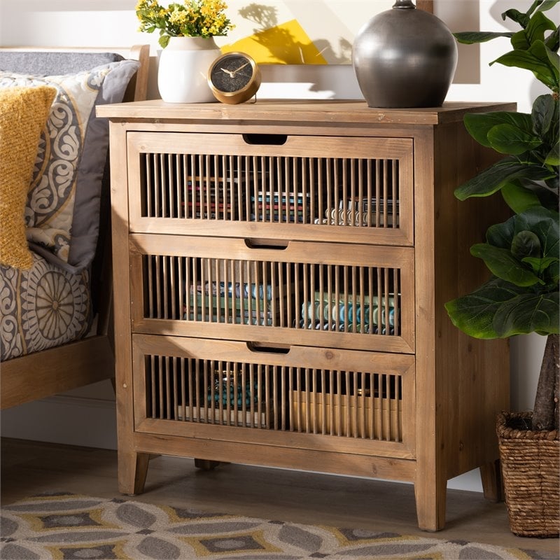 Bowery Hill Transitional 3-Drawer Wood Spindle Chest in Medium Oak