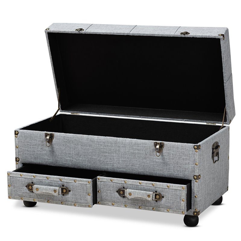 Bowery Hill Grey Upholstered 2-Drawer Storage Trunk Ottoman