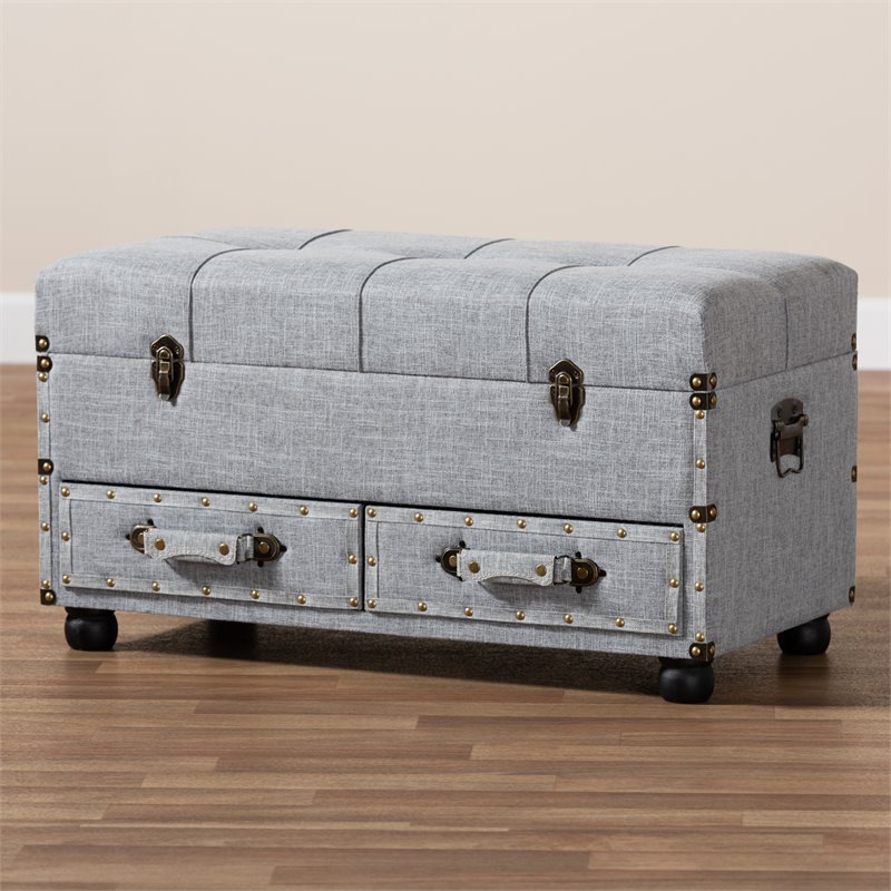 Bowery Hill Grey Upholstered 2-Drawer Storage Trunk Ottoman
