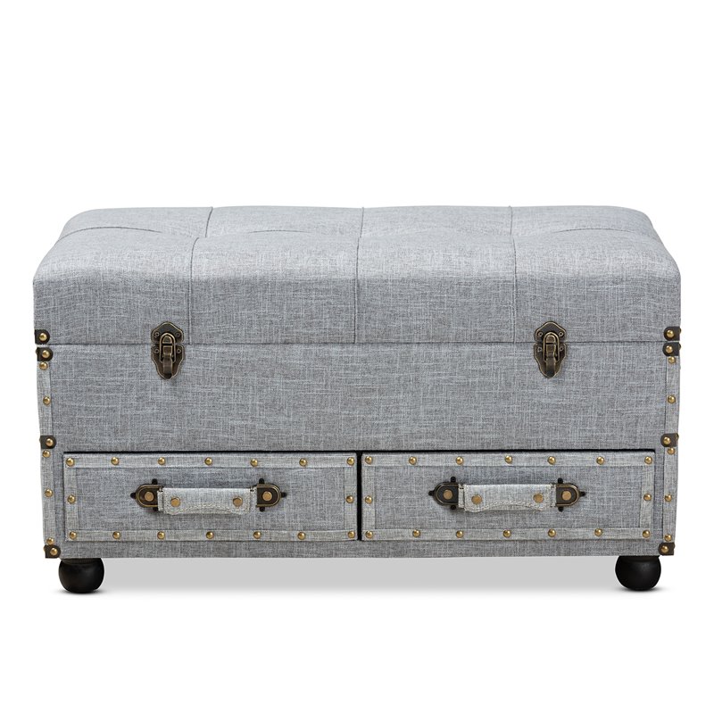 Bowery Hill Grey Upholstered 2-Drawer Storage Trunk Ottoman