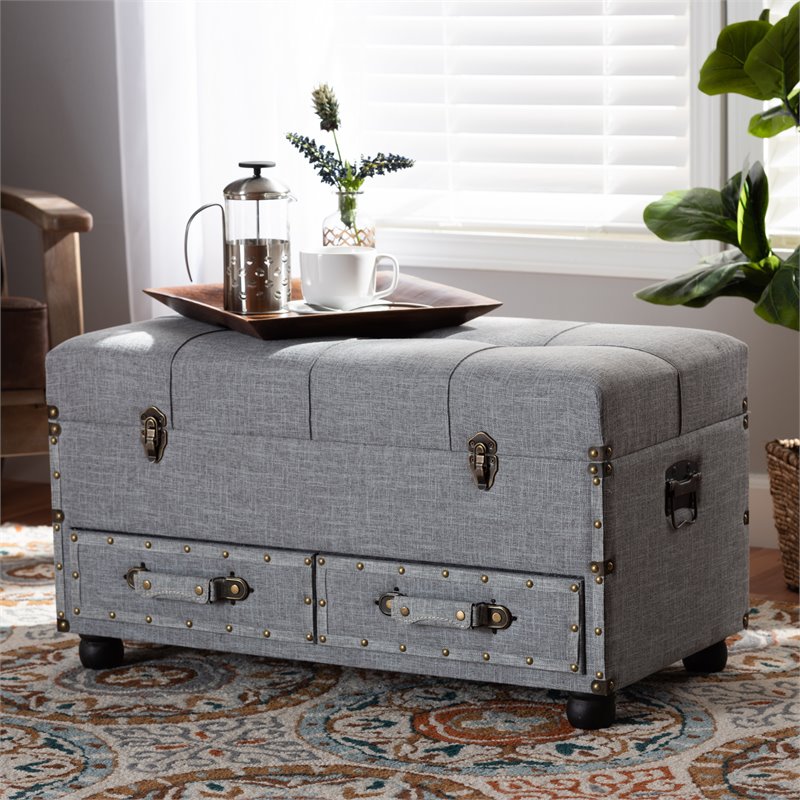 Bowery Hill Grey Upholstered 2-Drawer Storage Trunk Ottoman