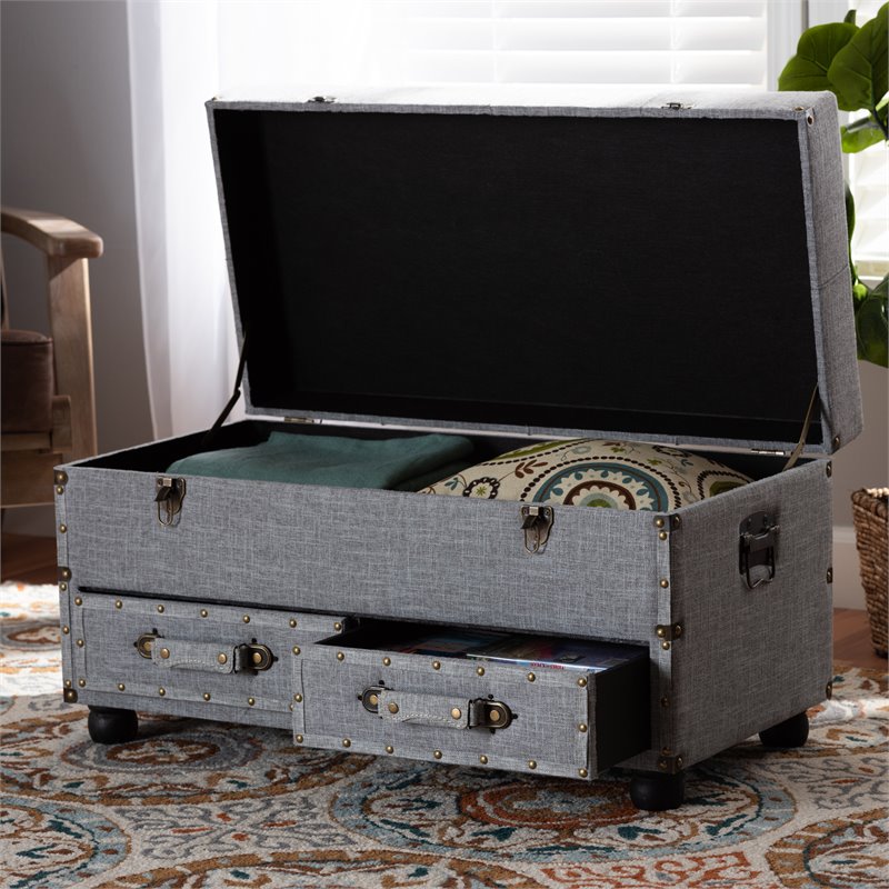 Bowery Hill Grey Upholstered 2-Drawer Storage Trunk Ottoman