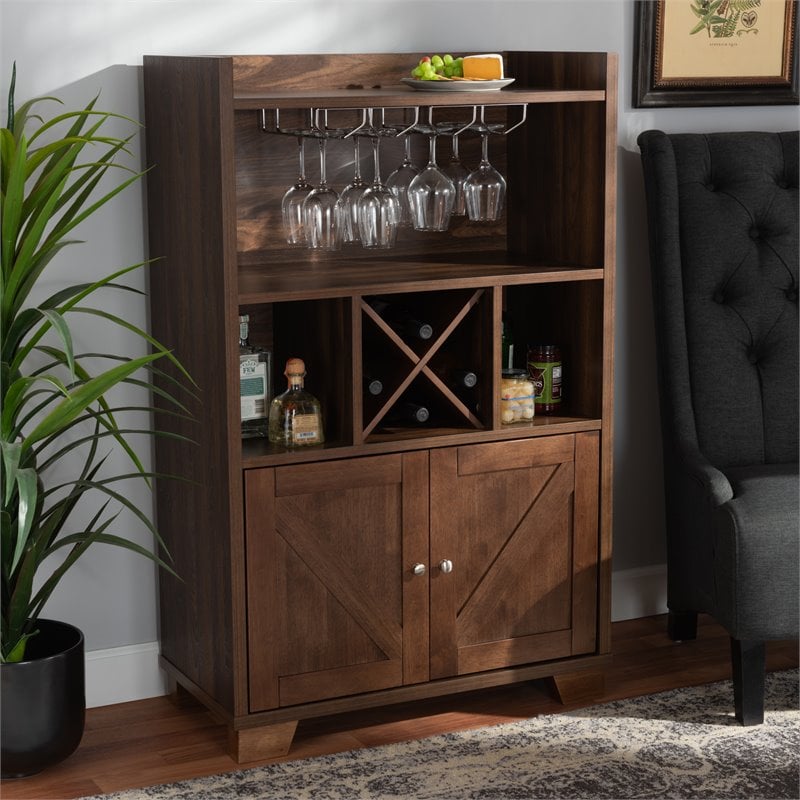 Bowery Hill Walnut Brown Finished Wood Wine Storage Cabinet