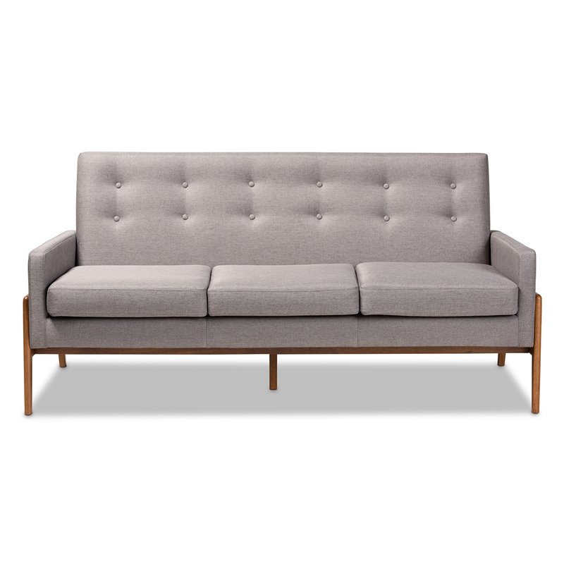 Bowery Hill Mid-Century Light Grey Upholstered Walnut Finished Wood Sofa