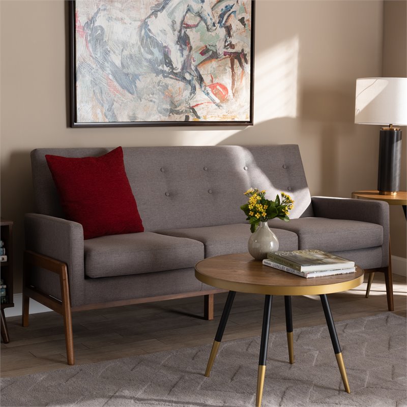 Bowery Hill Mid-Century Light Grey Upholstered Walnut Finished Wood Sofa