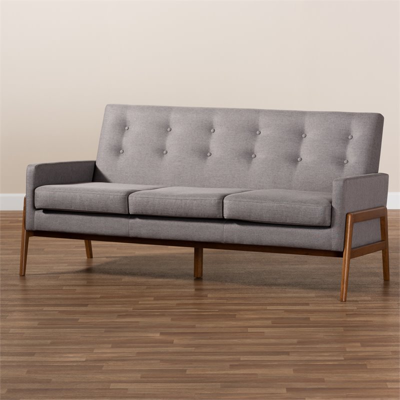 Bowery Hill Mid-Century Light Grey Upholstered Walnut Finished Wood Sofa