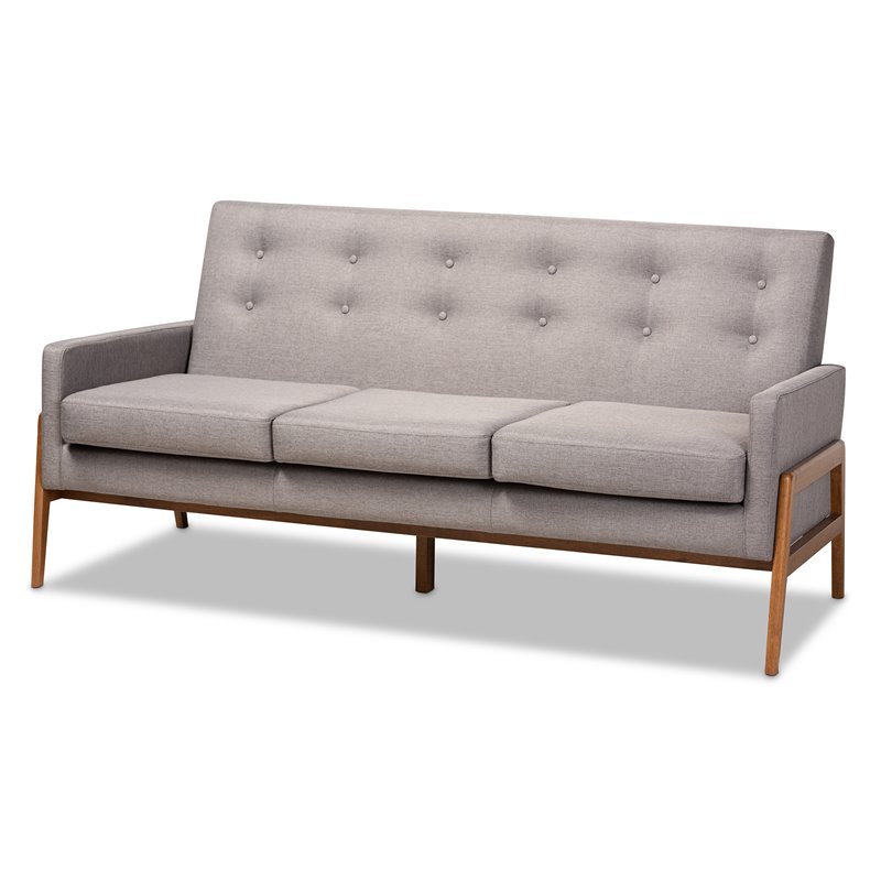 Bowery Hill Mid-Century Light Grey Upholstered Walnut Finished Wood Sofa