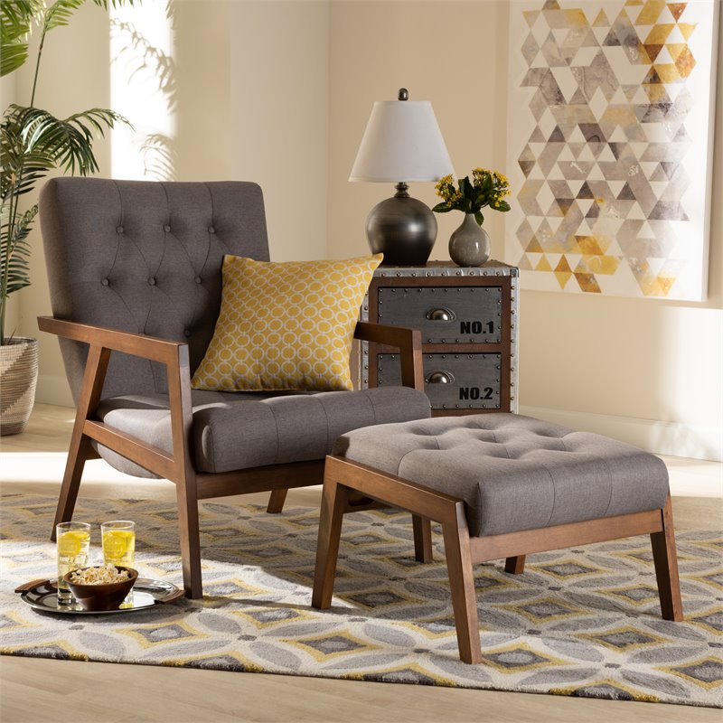 Bowery Hill Grey Upholstered Wood Armchair and Footstool Set