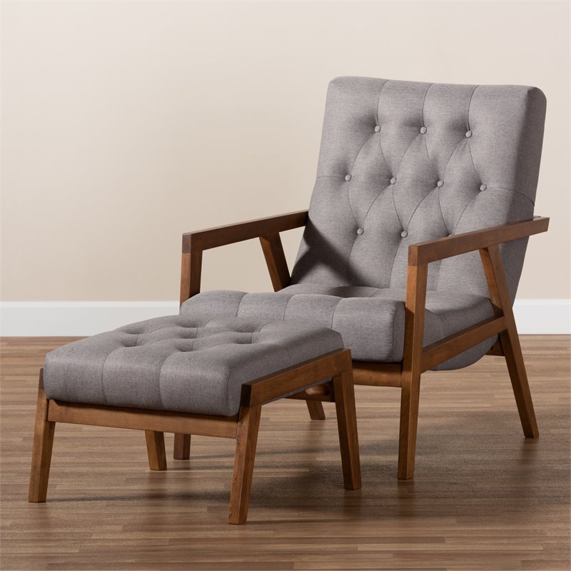 Bowery Hill Grey Upholstered Wood Armchair and Footstool Set