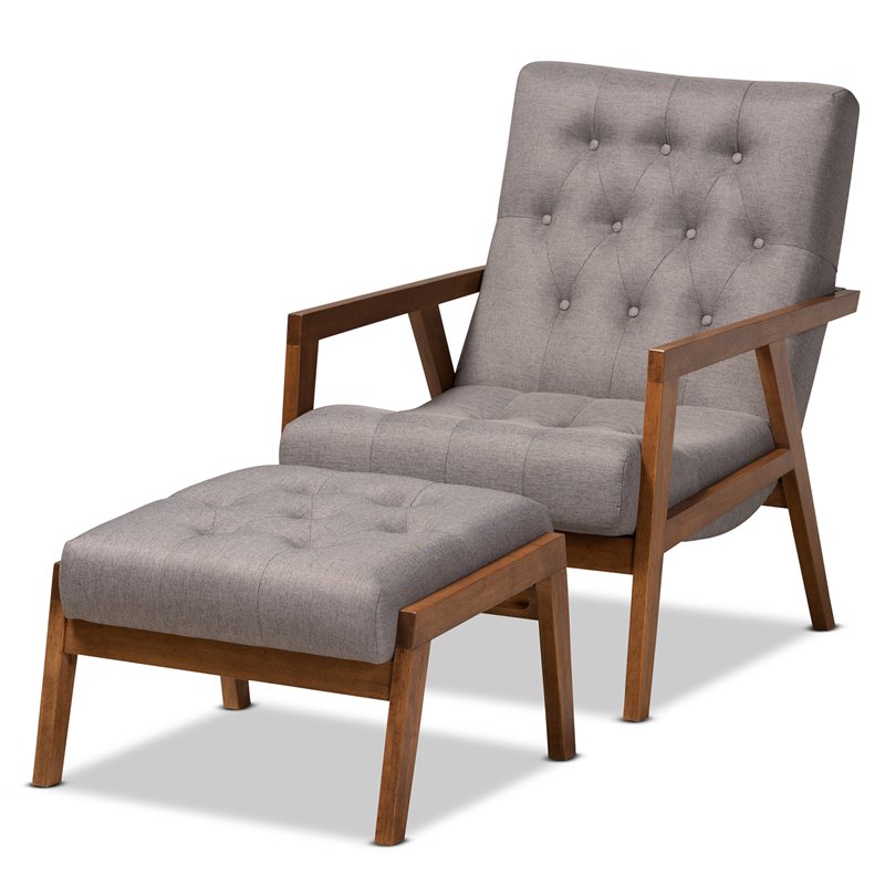 Bowery Hill Grey Upholstered Wood Armchair and Footstool Set