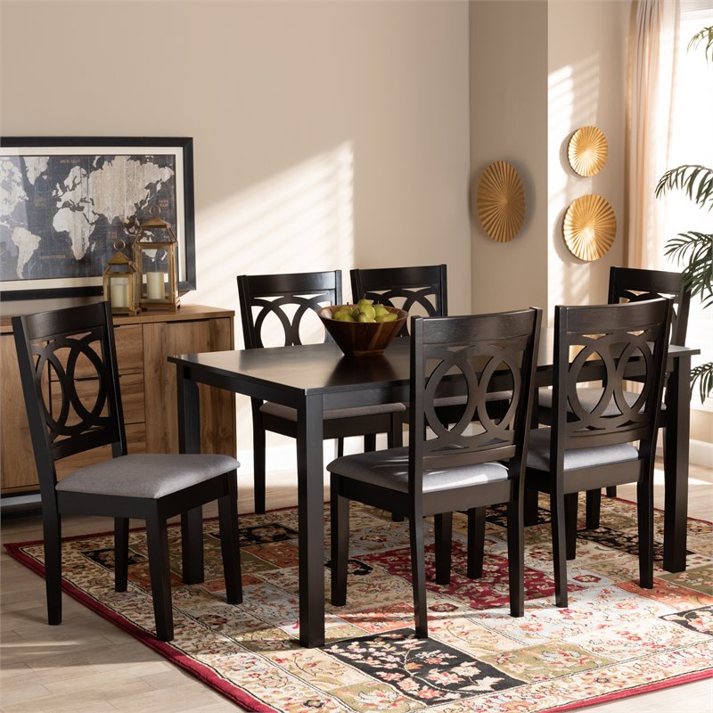 Bowery Hill Grey Upholstered Espresso Wood 7-Piece Dining Set