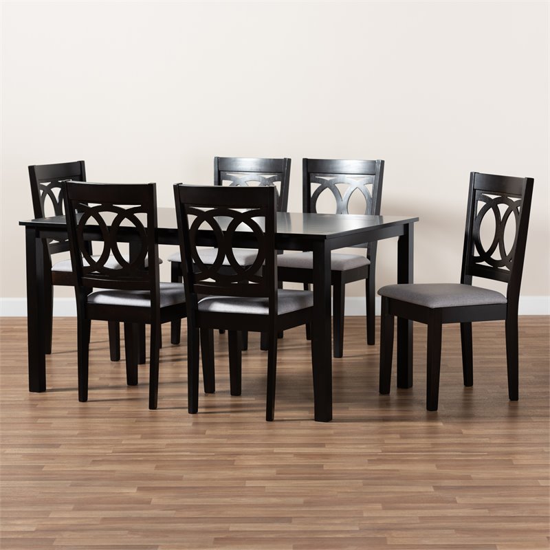 Bowery Hill Grey Upholstered Espresso Wood 7-Piece Dining Set
