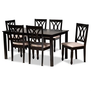 Bowery Hill Sand Upholstered Espresso Wood 7-Piece Dining Set