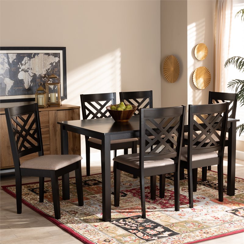 Bowery Hill Sand Upholstered Espresso Wood 7-Piece Dining Set