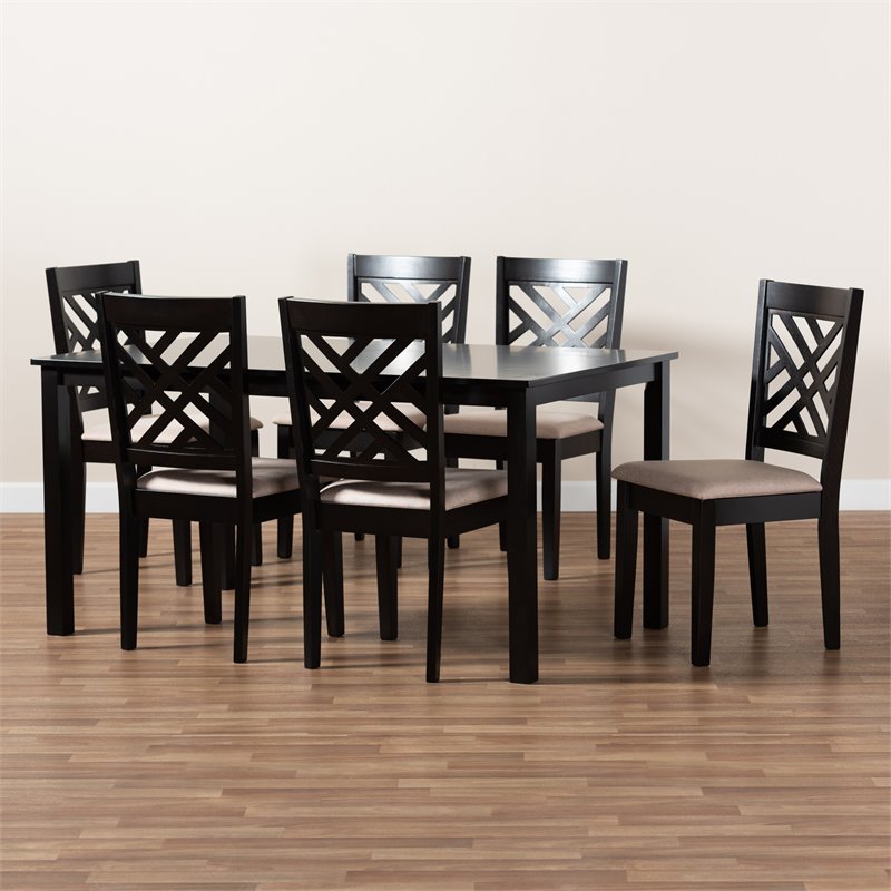 Bowery Hill Sand Upholstered Espresso Wood 7-Piece Dining Set