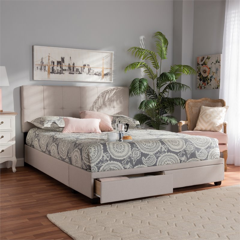 Bowery Hill Modern Fabric Tufted Platform Storage Queen Bed in Beige