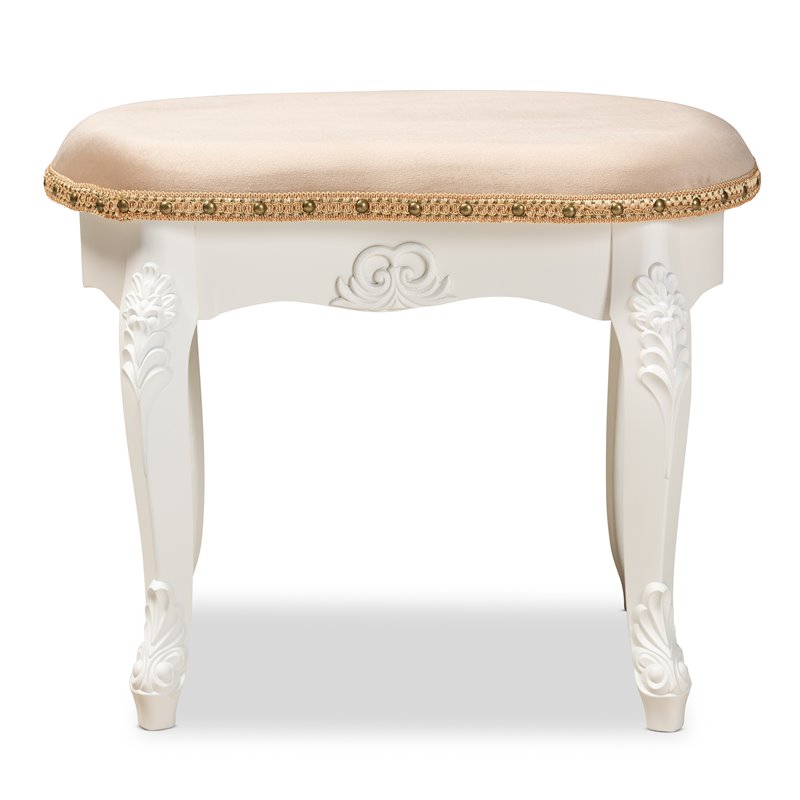 Bowery Hill Sand Velvet Upholstered White Wood Vanity Ottoman