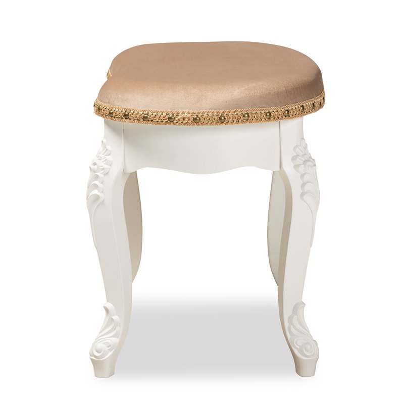 Bowery Hill Sand Velvet Upholstered White Wood Vanity Ottoman