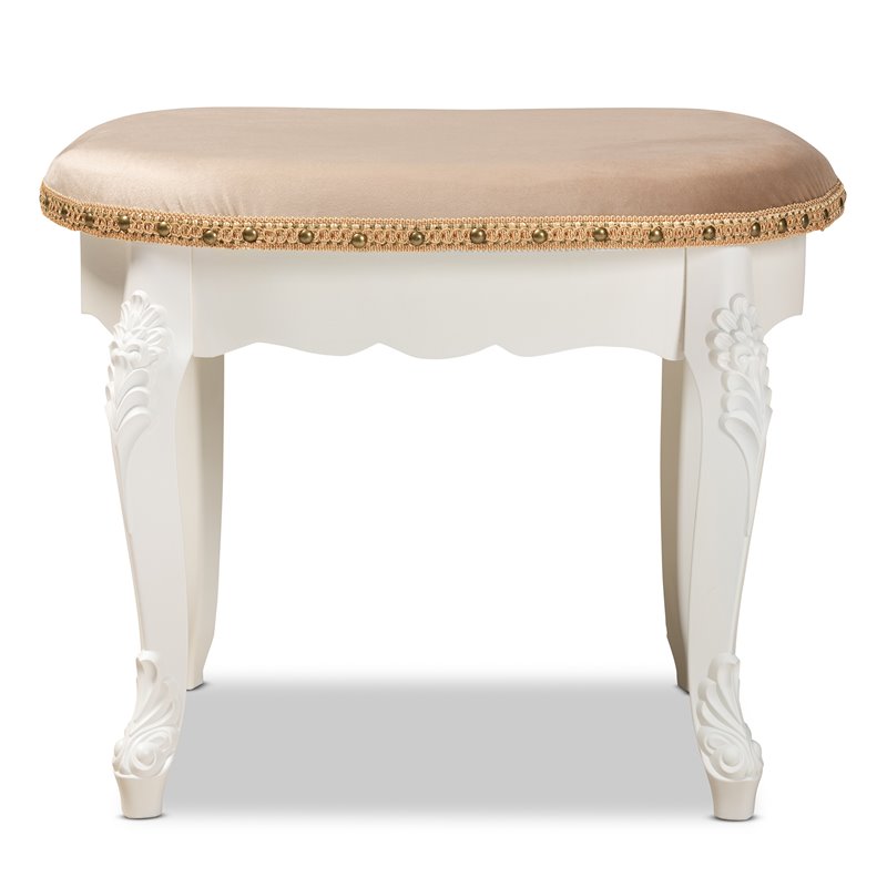 Bowery Hill Sand Velvet Upholstered White Wood Vanity Ottoman