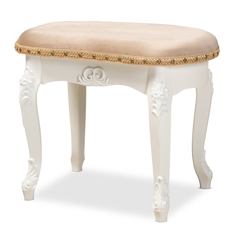 Bowery Hill Sand Velvet Upholstered White Wood Vanity Ottoman