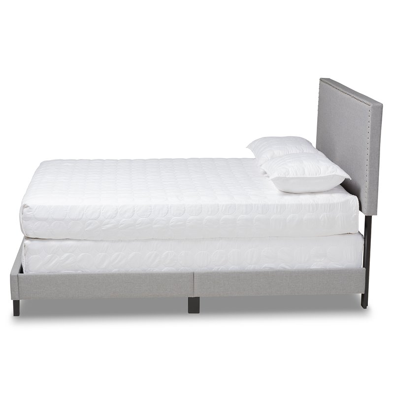 Bowery Hill Full Size Gray Linen Panel Bed with Nailhead Trim