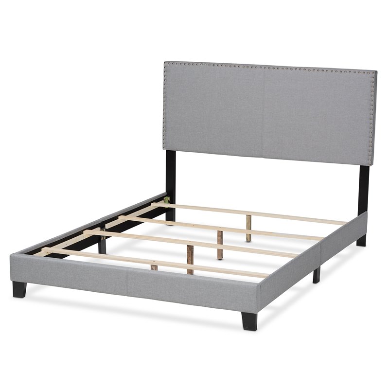 Bowery Hill Full Size Gray Linen Panel Bed with Nailhead Trim