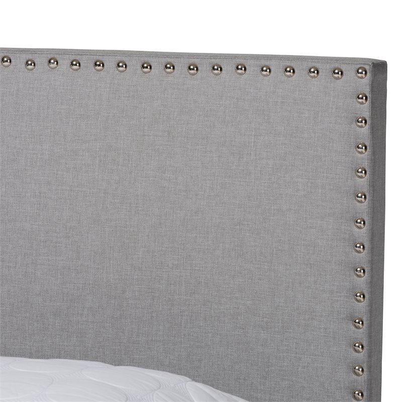 Bowery Hill Full Size Gray Linen Panel Bed with Nailhead Trim