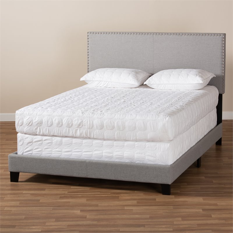 Bowery Hill Full Size Gray Linen Panel Bed with Nailhead Trim