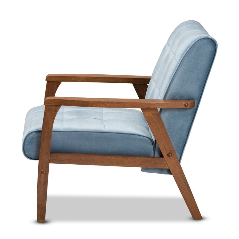 Bowery Hill Light Blue Velvet Upholstered Walnut Wood Armchair