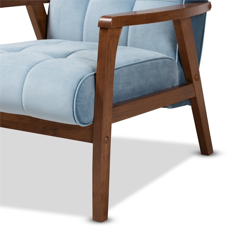Bowery Hill Light Blue Velvet Upholstered Walnut Wood Armchair
