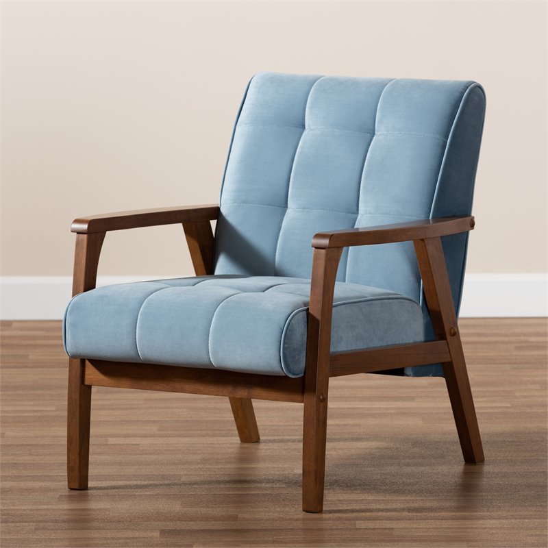 Bowery Hill Light Blue Velvet Upholstered Walnut Wood Armchair