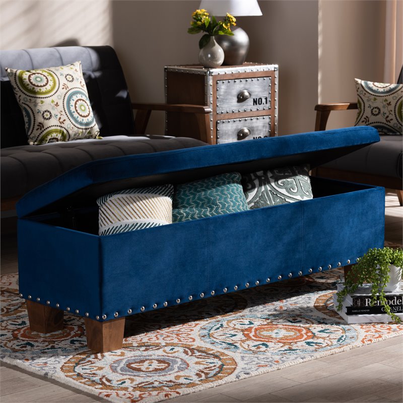 Bowery Hill Navy Blue Velvet Upholstered Storage Ottoman Bench