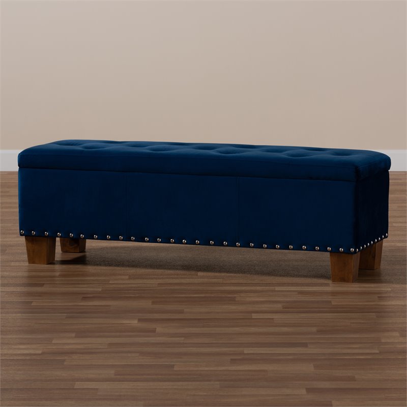 Bowery Hill Navy Blue Velvet Upholstered Storage Ottoman Bench