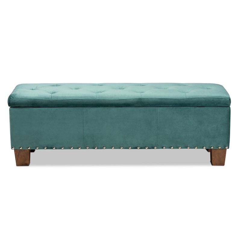Bowery Hill Teal Blue Velvet Upholstered Storage Ottoman Bench
