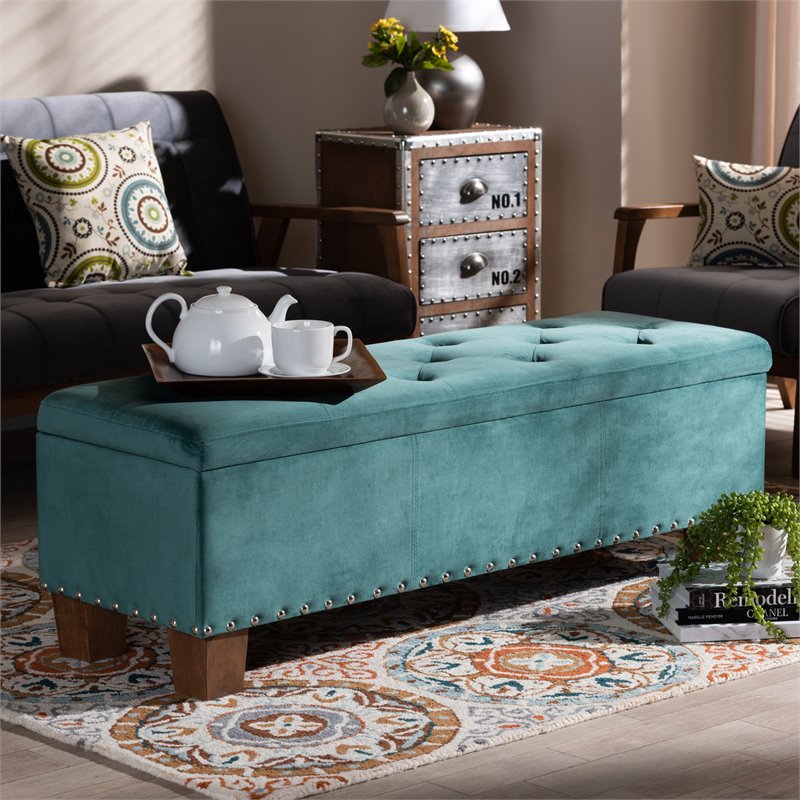 Bowery Hill Teal Blue Velvet Upholstered Storage Ottoman Bench