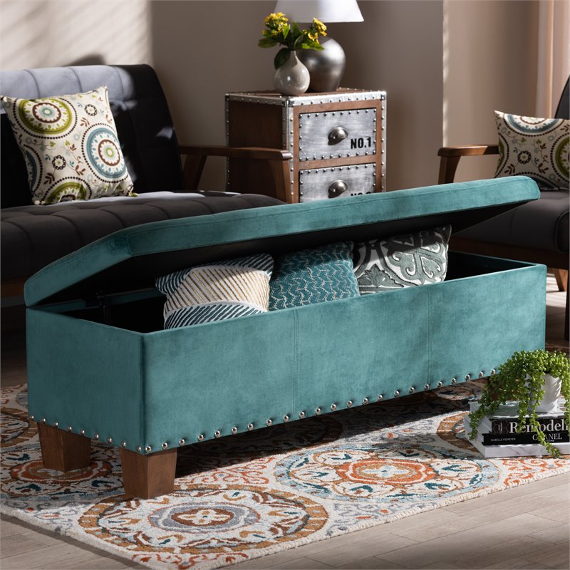 Bowery Hill Teal Blue Velvet Upholstered Storage Ottoman Bench