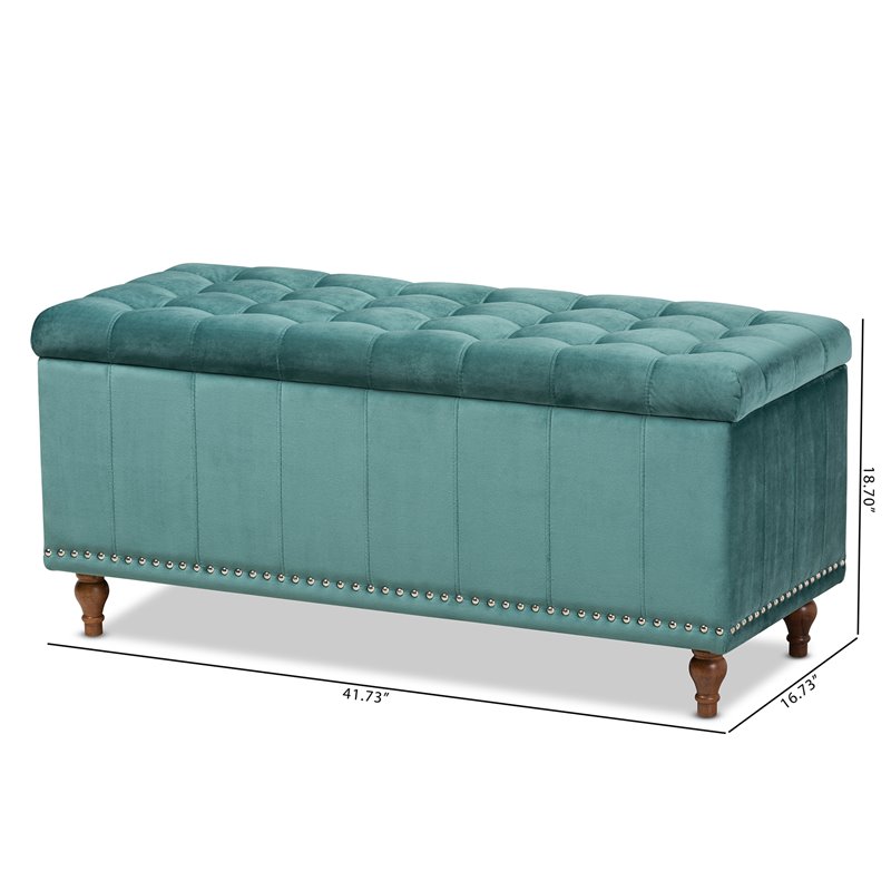 Bowery Hill Velvet Teal Blue Ottoman Bench Rectangular Button Tufted 41.73