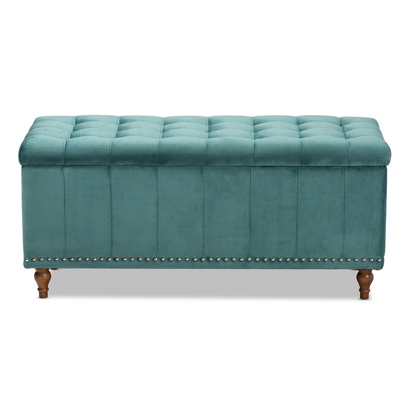 Bowery Hill Velvet Teal Blue Ottoman Bench Rectangular Button Tufted 41.73