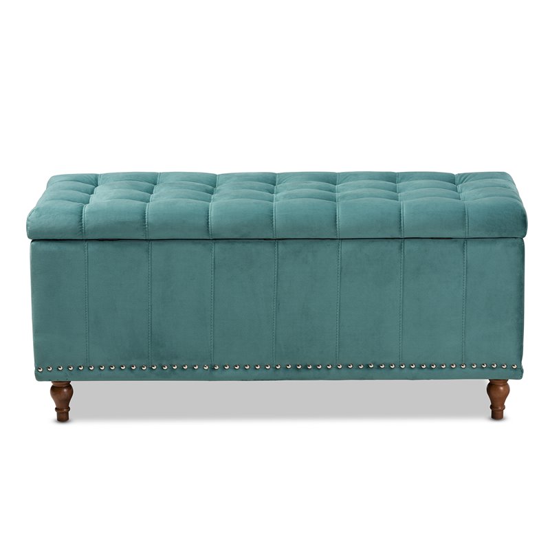 Bowery Hill Velvet Teal Blue Ottoman Bench Rectangular Button Tufted 41.73