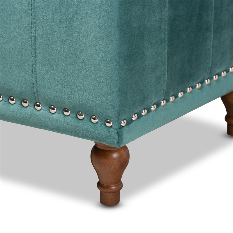 Bowery Hill Velvet Teal Blue Ottoman Bench Rectangular Button Tufted 41.73