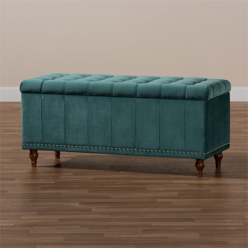 Bowery Hill Velvet Teal Blue Ottoman Bench Rectangular Button Tufted 41.73