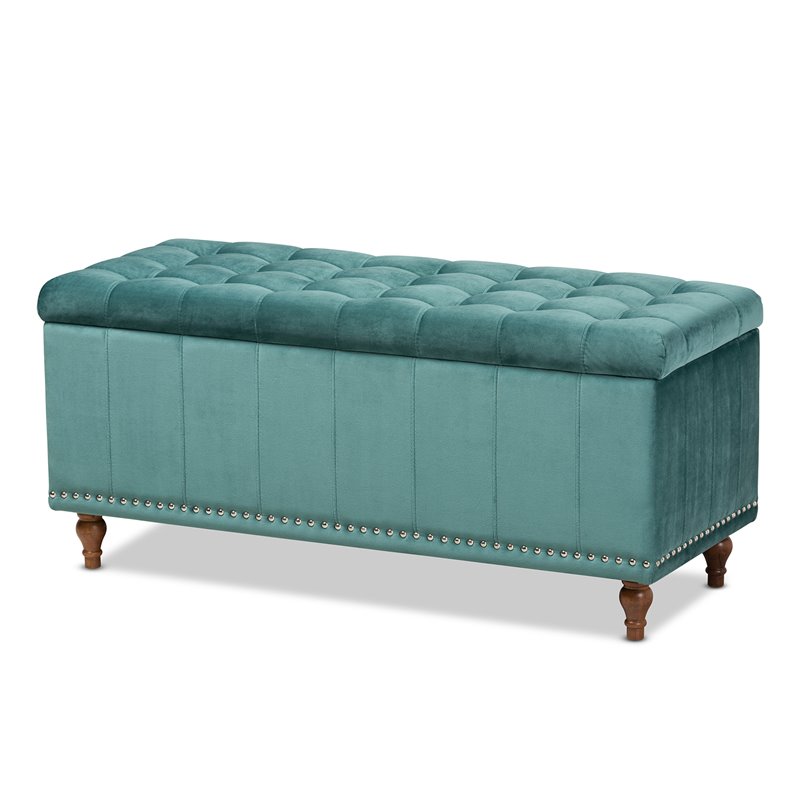 Bowery Hill Velvet Teal Blue Ottoman Bench Rectangular Button Tufted 41.73