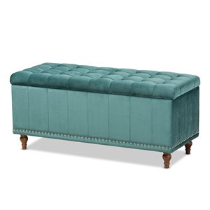 bowery hill modern teal blue velvet upholstered storage ottoman bench
