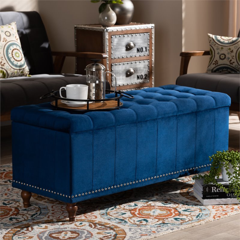 Bowery Hill Navy Blue Velvet Upholstered Storage Ottoman Bench