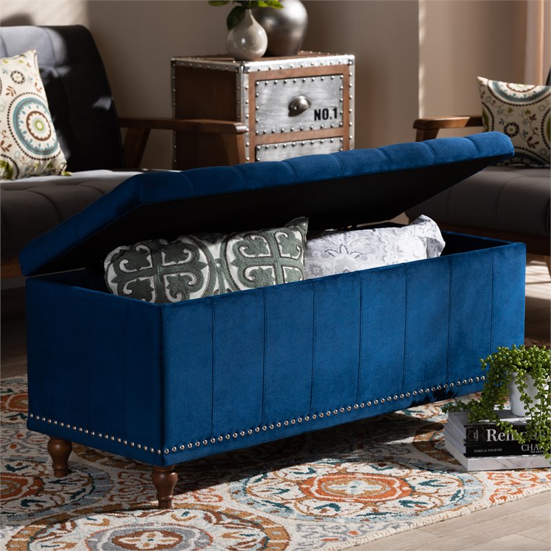 Bowery Hill Navy Blue Velvet Upholstered Storage Ottoman Bench